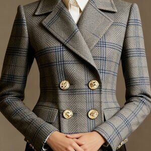 Plus Gray Plaid Double-Breasted Blazer | Gold Buttons, Lapel
